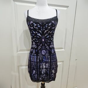 Dolls Kill Widow Crescent Confessions Stained Glass Velvet Black Lace Mini Dress